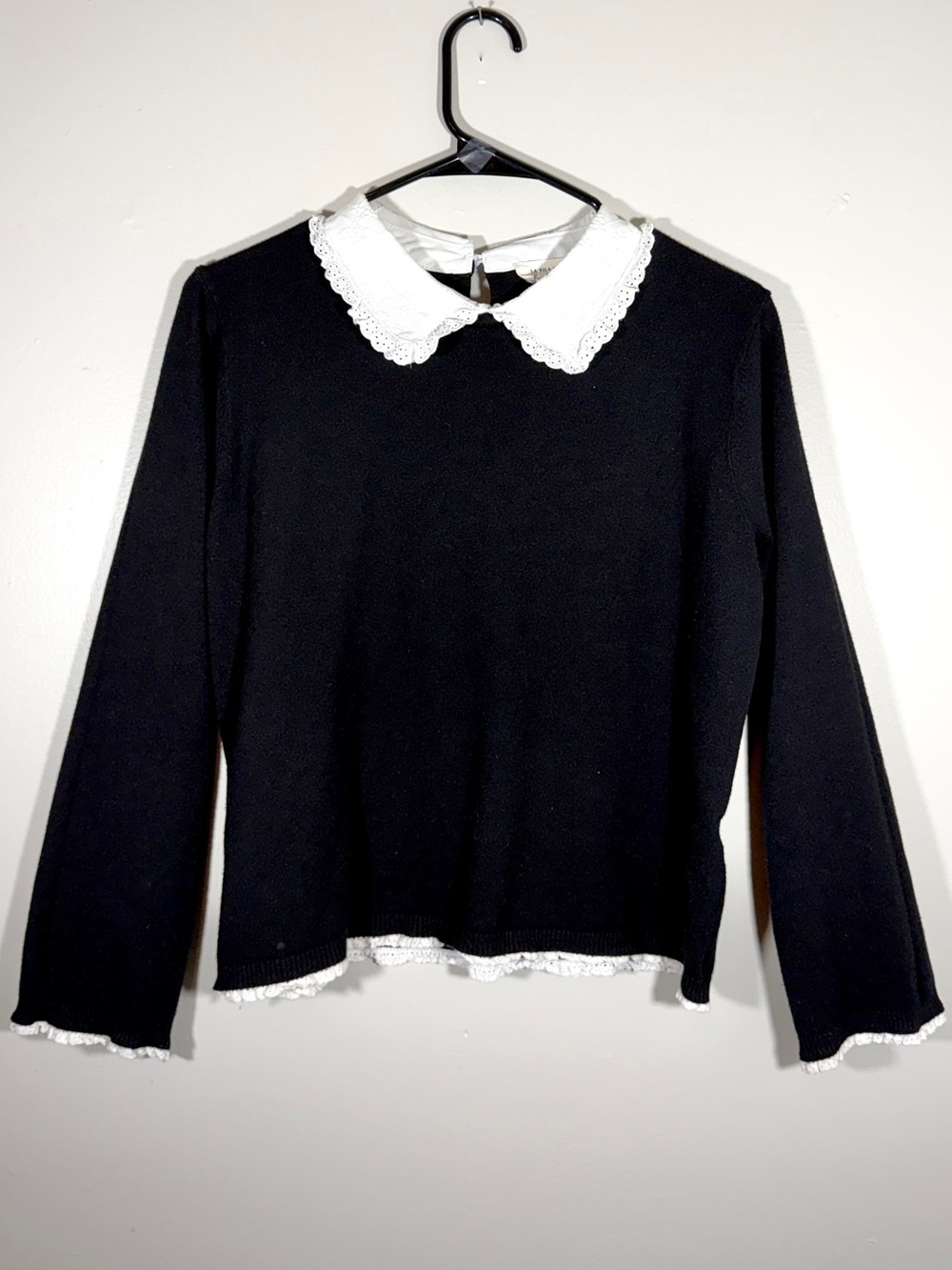 La Vila Milano Black Peter Pan Collar Lace Trim Sweater DarkAcademia Wednesday